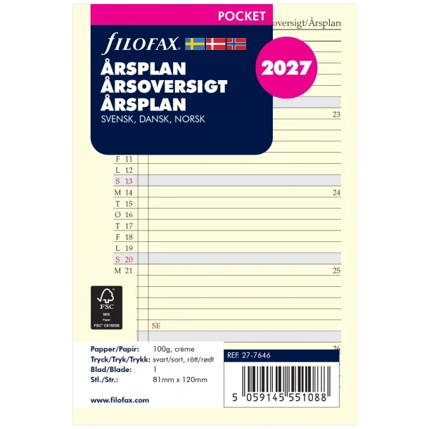 Filofax Refill | �rsplan | Pocket | 2027 | 
