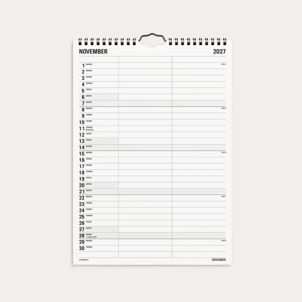 Mayland | Familiekalender Black &amp; white | 2 kolonner | 2027 |