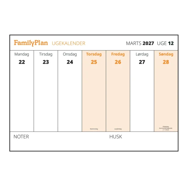FamilyPlan Ugekalender 2027 - Blok