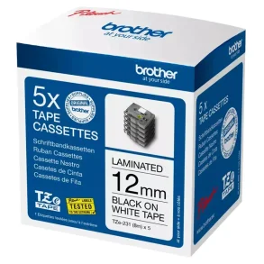 Brother TZe Tape Bundle Pack (5 stk) - 12mm x 8m, Hvid (sort skrift)