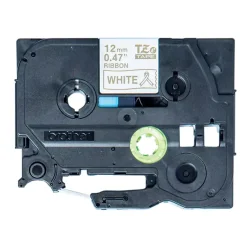 Brother TZe Satinbnd - 12mm x 4m, Hvid hjglans (guld skrift)