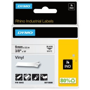 DYMO Rhino Vinyltape - 9mm x 5.5m, Hvid (sort skrift)