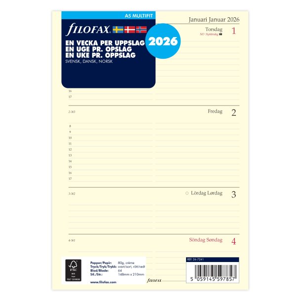 Filofax Kalender Refill | A5 | 2026 | Uge pr. opslag |