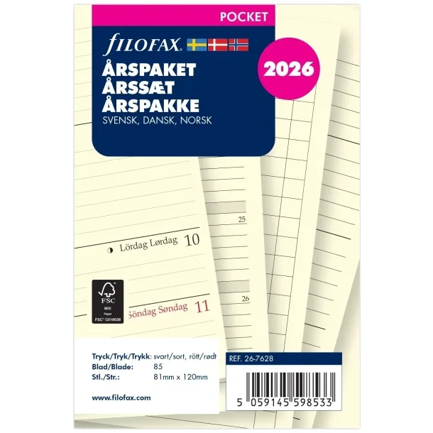 Filofax | rspakke 2026 | refill | Pocket | Uge pr. opslag |