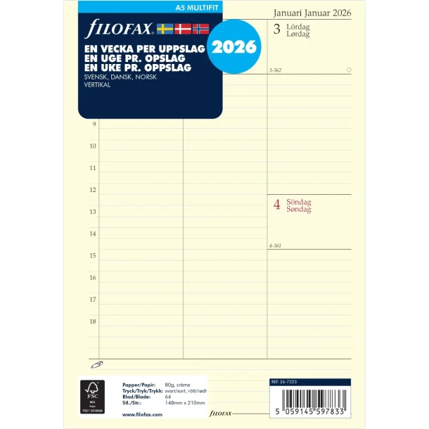 Filofax Refill 2026 | A5 | Uge pr. opslag | hjformat |