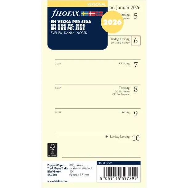 Filofax | Refill 2026 | Personal | Uge pr. side |