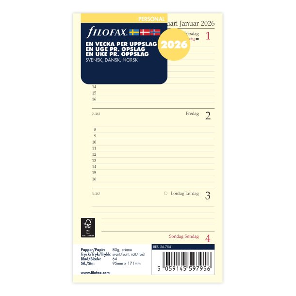Filofax | Refill | Personal 2026 | Uge pr. opslag |