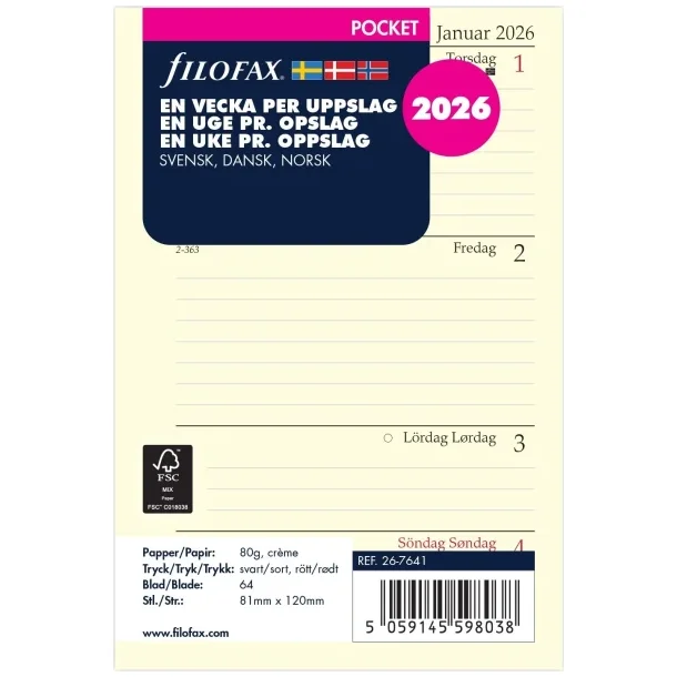 Filofax Refill | Pocket | 2026 | Uge pr. opslag |