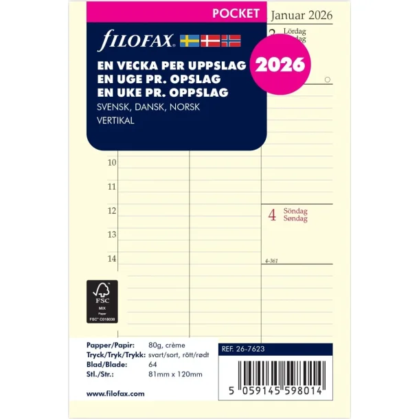 Filofax Refill | Pocket | 2026 | Uge pr. opslag, hjformat |