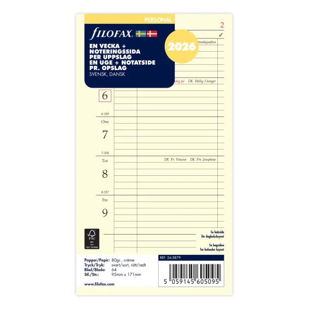 Filofax kalender Refill | Personal | 2026 | 1 Uge pr. side + noter |