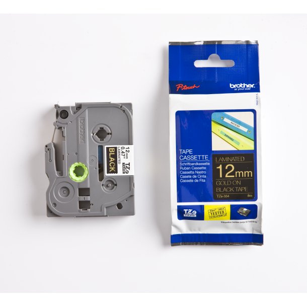 Brother TZe Tape - 12mm x 8m, Sort (guld skrift)