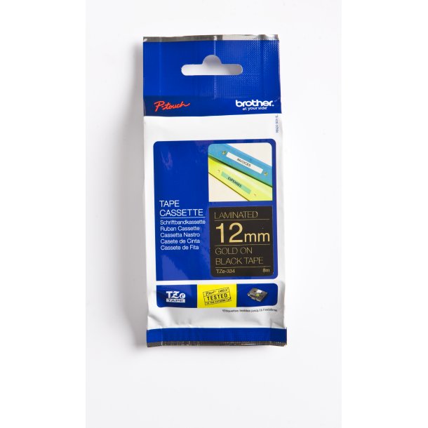 Brother TZe Tape - 12mm x 8m, Sort (guld skrift)