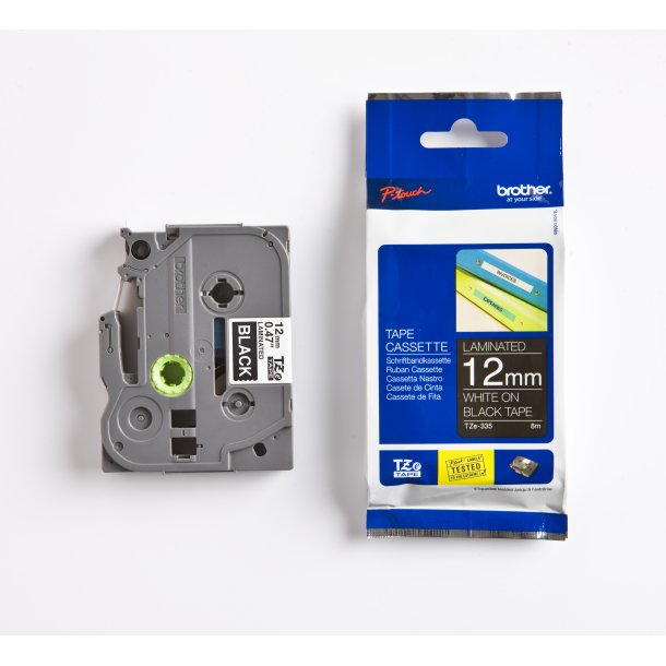 Brother TZe Tape - 12mm x 8m, Sort (hvid skrift)