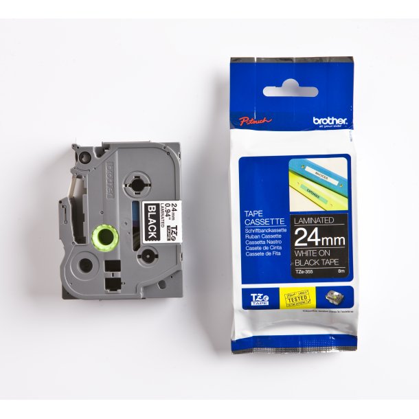 Brother TZe Tape - 24mm x 8m, Sort (hvid skrift)