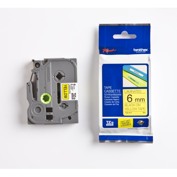 Brother TZe Tape - 6mm x 8m, Gul (sort skrift)