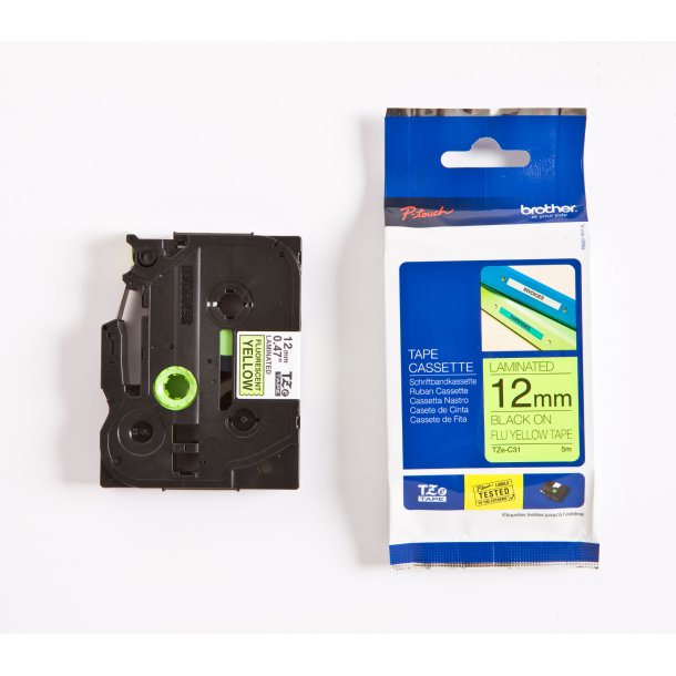Brother TZe Tape - 12mm x 8m, Neon gul (sort skrift)