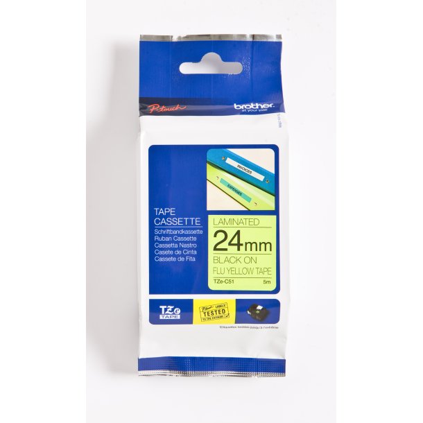 Brother TZe Tape - 24mm x 8m, Neon gul (sort skrift)