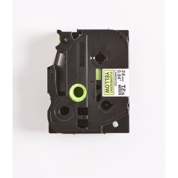 Brother TZe Tape - 24mm x 8m, Neon gul (sort skrift)