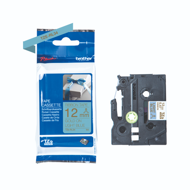 Brother TZe Satinbnd - 12mm x 4m, Lysebl (guld skrift)