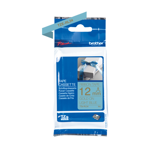 Brother TZe Satinbnd - 12mm x 4m, Lysebl (guld skrift)