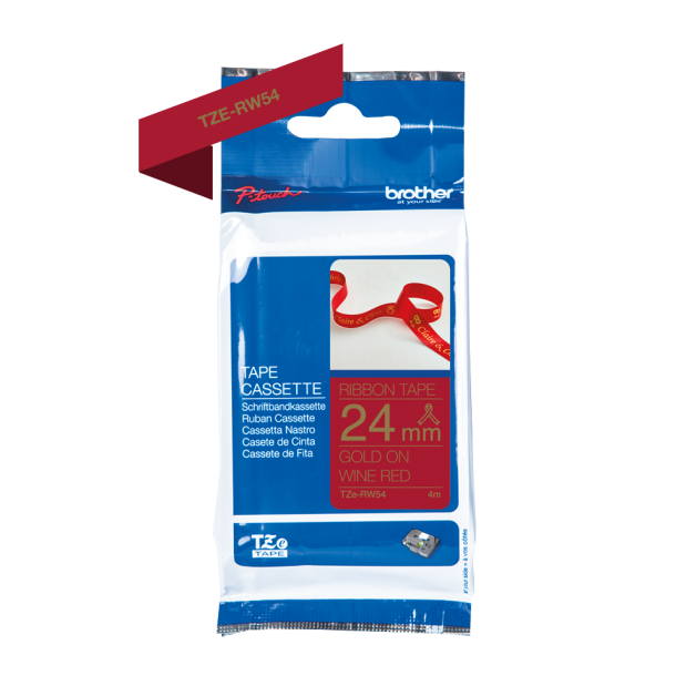 Brother TZe Satinb�nd - 24mm x 4m, Vinr�d (guld skrift)