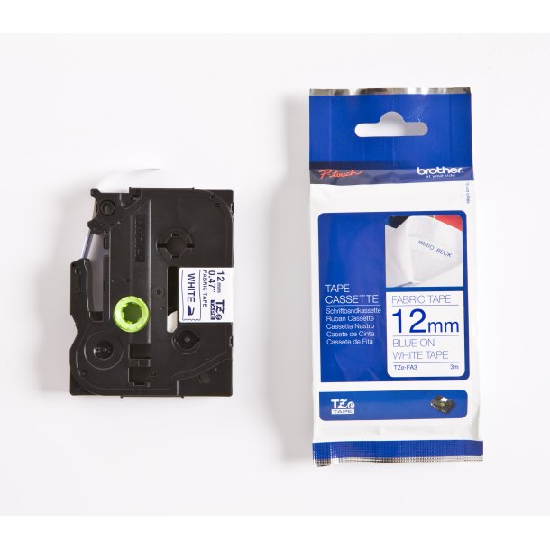 Brother TZe Fabrikstape - 12mm x 3m, Hvid (bl skrift)