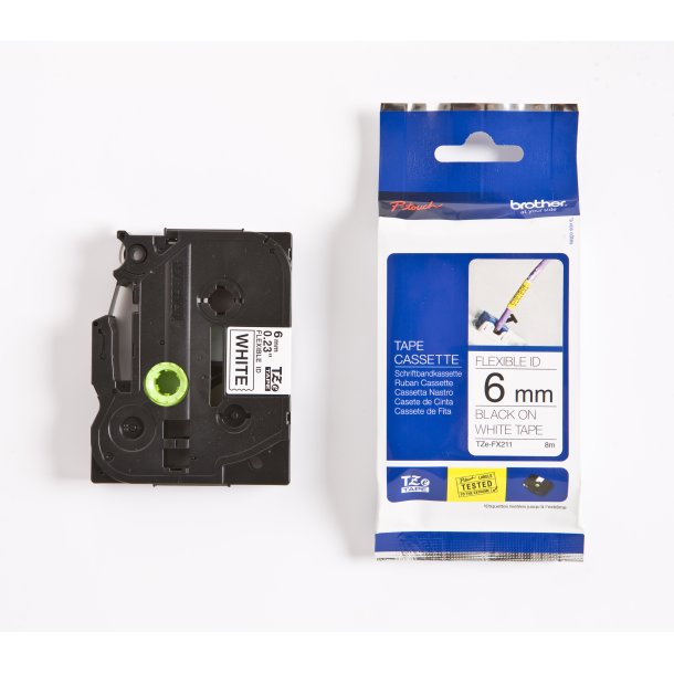 Brother TZe Fleksibel Tape - 6mm x 8m, Hvid (sort skrift)