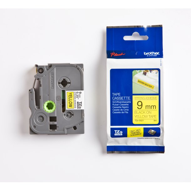 Brother TZeS Ekstra Strkt klbende Tape - 9mm x 8m, Gul (sort skrift)