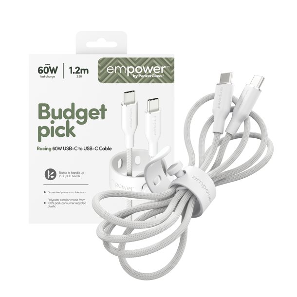 EMPOWER Racing 60W USB-C to USB-C Cable 1.2M Silver White