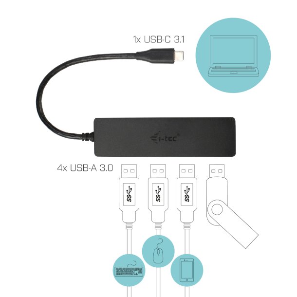 USB-C hub 4xUSB-A 3.0 black 20cm cable passive