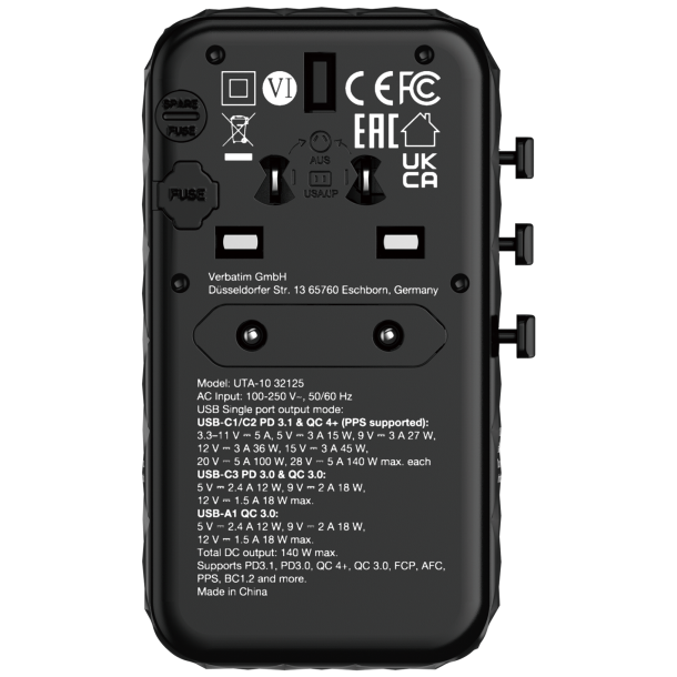 GaN III Universal Travel Adapter UTA-10 2xUSB-C PD140W QC 4+