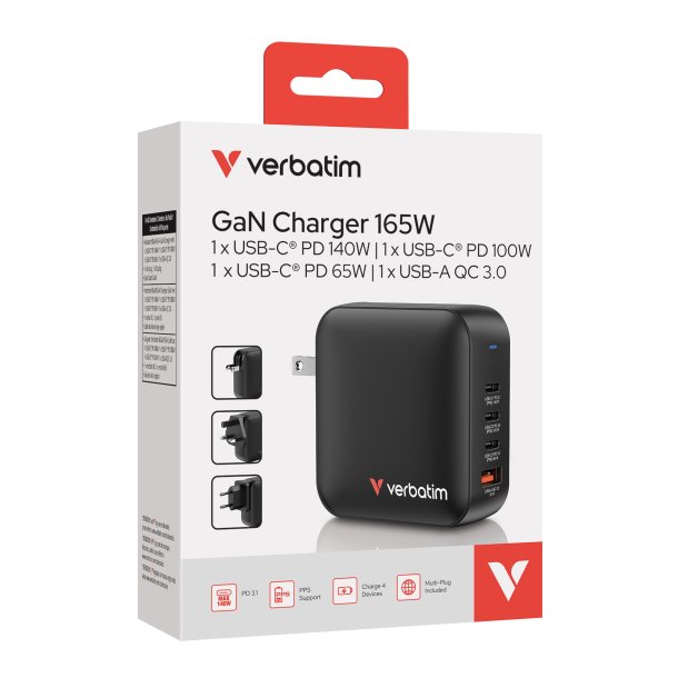 VERBATIM Mini GaN Charger 165W 4 Port US/EU/UK ADP