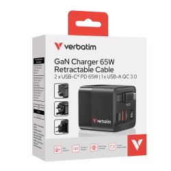 VERBATIM GaN Charger 65W 2 Port retr cable US/EU/UK ADP