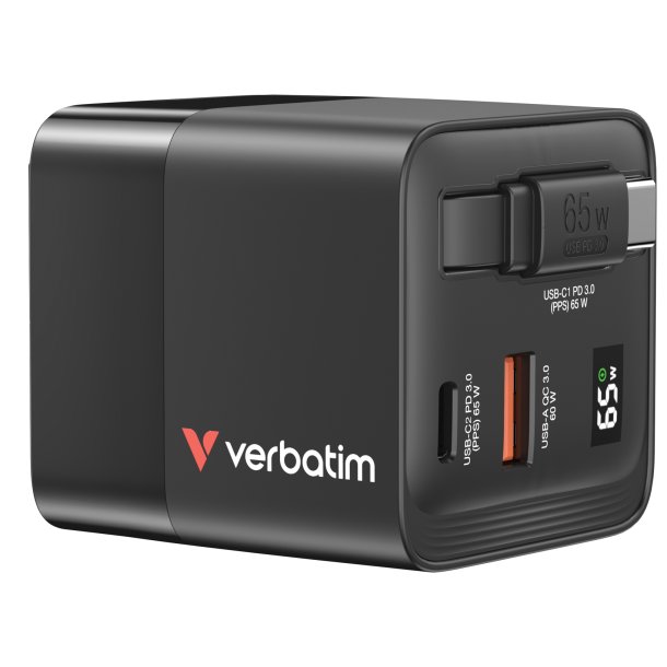 VERBATIM GaN Charger 65W 2 Port retr cable US/EU/UK ADP