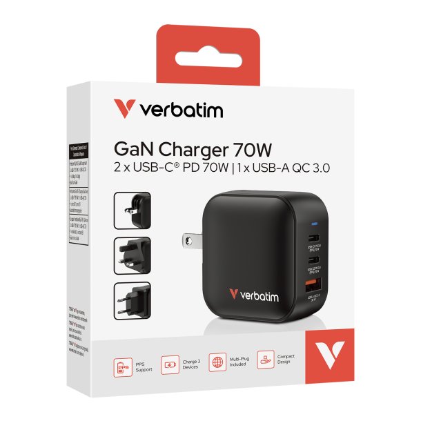 VERBATIM Mini GaN Charger 70W 3 Port US/EU/UK ADP