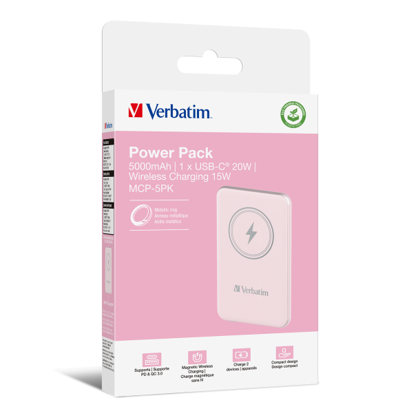 VERBATIM Power P 5000 mAh UBS-C PD 20W WIRELESS 15W Pink