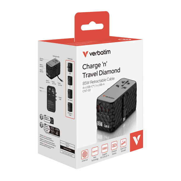 VERBATIM Charge Travel Adapter Diamond 85W Ret Cable CNT-02