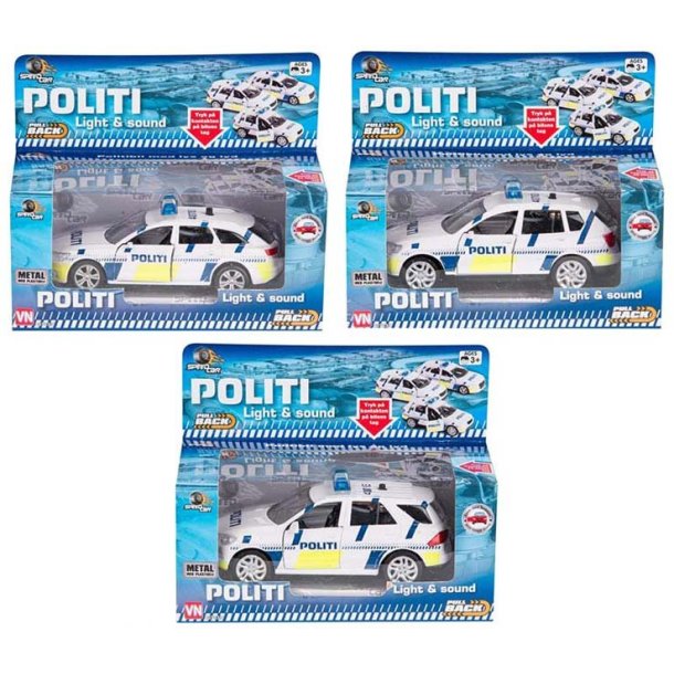 Dansk Politibil | lys &amp; lyd | Pullback | 3 modeller |