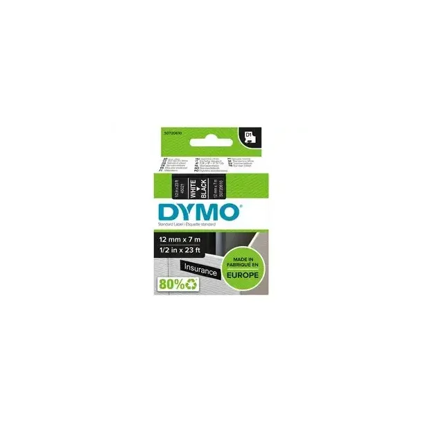 Dymo D1 Labeltape 12mmx7m Sort Med Hvid Skrift