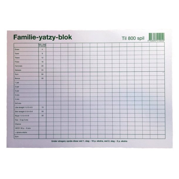 Yatzy Familie Blok - til 6 terninger, A4