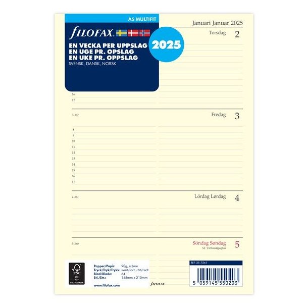 Filofax | Refill Ugekalender | A5 | 2025 |