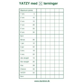 Yatzy Blok - til 5 terninger (3 stk/pk)