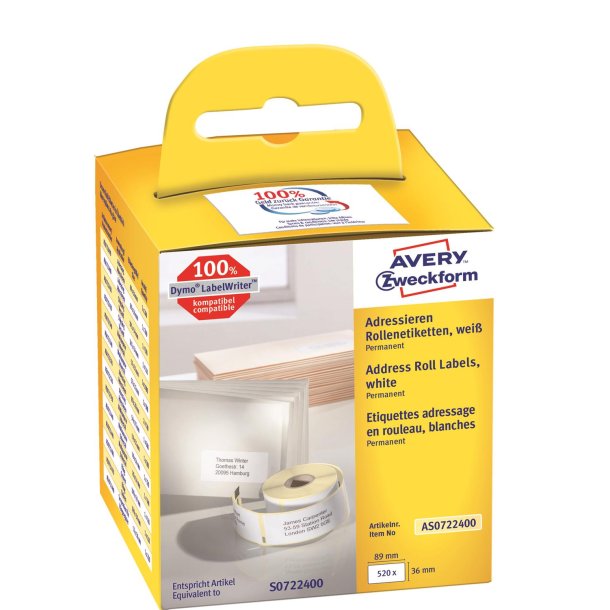 Avery adresseetiket p rulle 89x36mm (2x260)