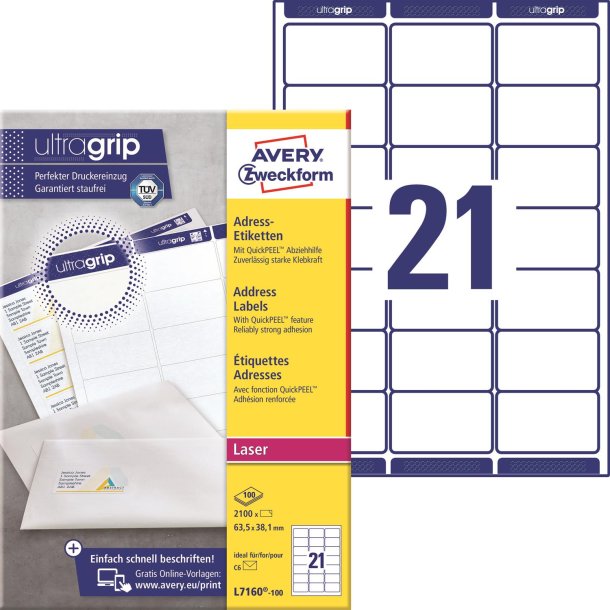 Avery L7160-100 Adresseetiketter 63,5x38,1mm QP+UG (2100)