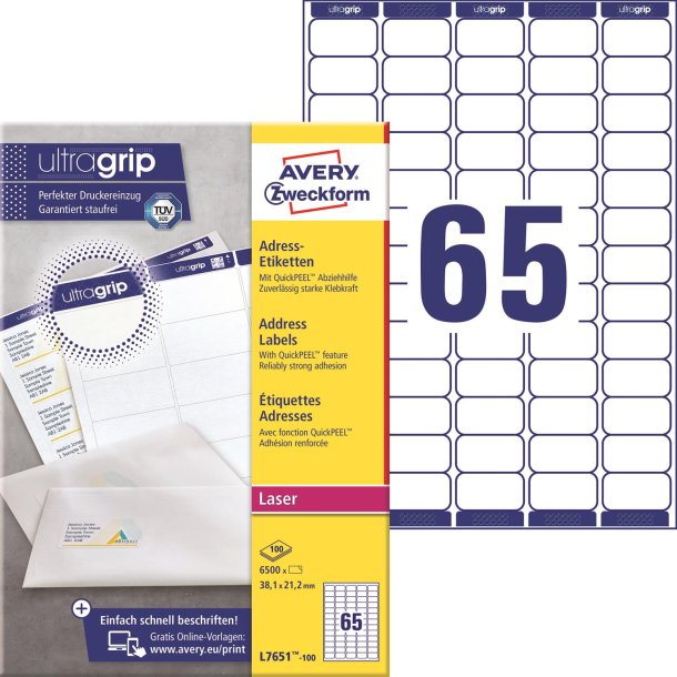 Avery L7651-100 Adresseetiketter 38,1x21,2mm QP+UG (6500)