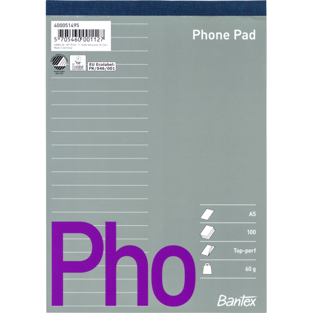 Bantex telefonblok, A5, linjeret, uhullet