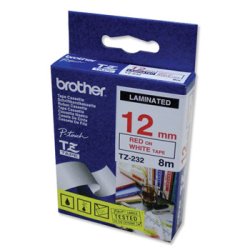 Brother TZe Tape - 12mm x 8m, Hvid (r�d skrift)