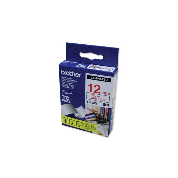 Brother TZe Tape - 12mm x 8m, Hvid (r�d skrift)