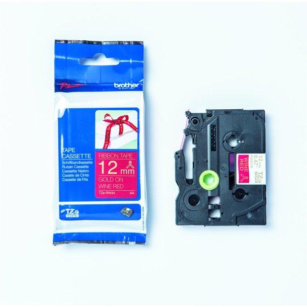 Brother TZe Satinb�nd - 12mm x 4m, Vinr�d (guld skrift)