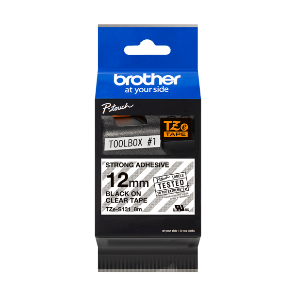 Brother TZeS Ekstra St�rkt kl�bende Tape - 12mm x 8m, Klar (sort skrift)